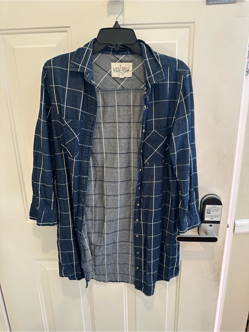 girl krazy Navy and White Windowpane Button-Down Shirt